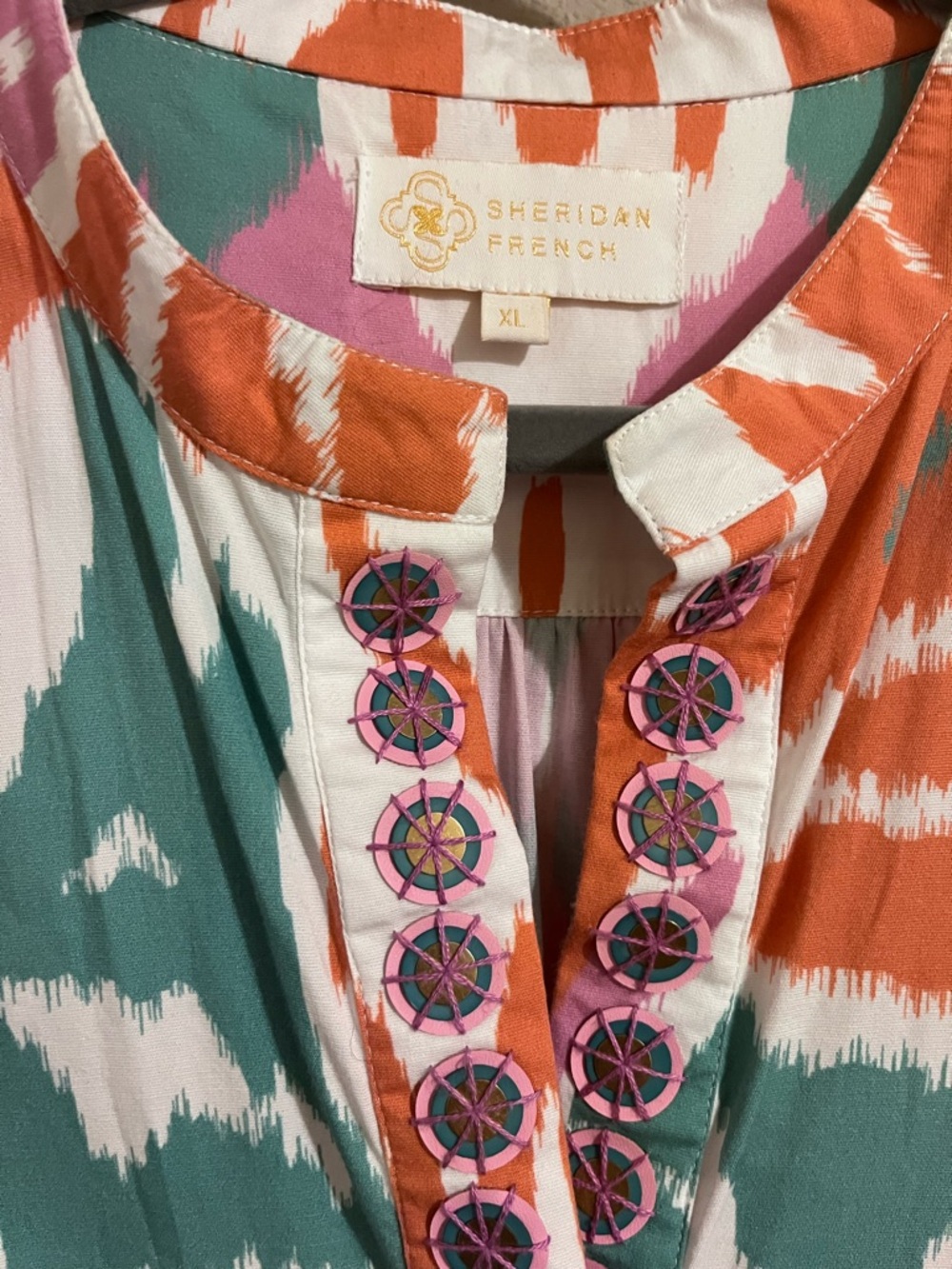 Sheridan French Colorful Ikat Tiered Shift Dress - Coral, Pink & Teal XL - Picture 4 of 7